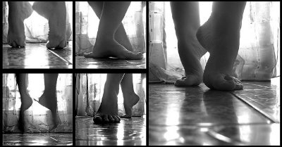 Black and white image montage of ballet student's feet