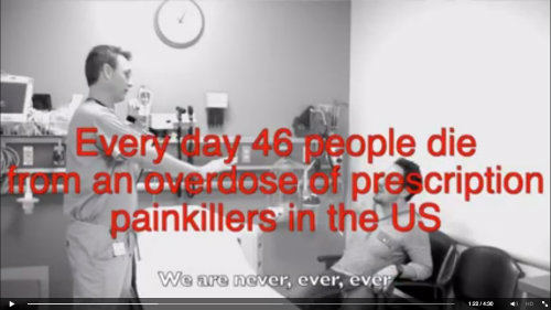 Screenshot from video showing text overlay reading "Every day 46 people die from an overdose of prescription painkillers in the US"